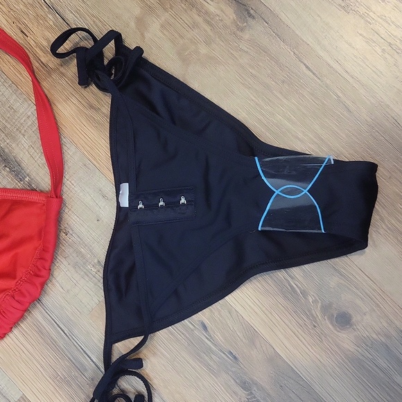 ASOS Black Red Strappy Hook & Eye Triangle Bikini Top & Back Seam String Bottom - Picture 8 of 14